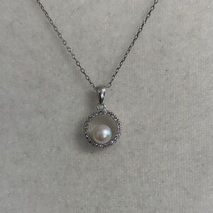 Freshwater Cultured Pearl in Diamond Halo 925 Sterling Silver Necklace
